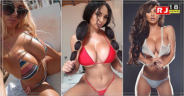 Playboy model squeezes into minuscule bikini-banner